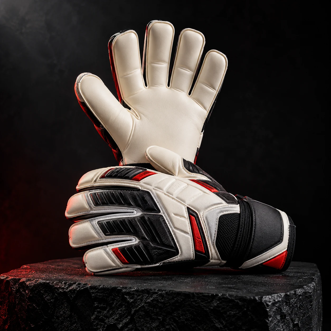 Imagen ilustrativa de guantes de arquero/a profesionales blancos, negros y rojos